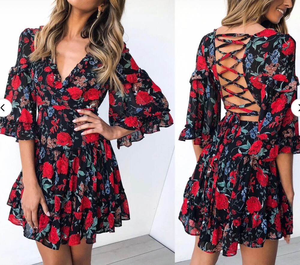 Saints + Secrets Open Back Boho Floral Tiered Ruffle Dress Medium